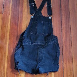 Distressed Black Denim Overall Shorts